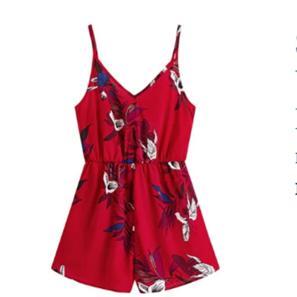 SHEIN Red Floral Print Cami Romper Womens Large V-Neck Summer Sleeveless Romper